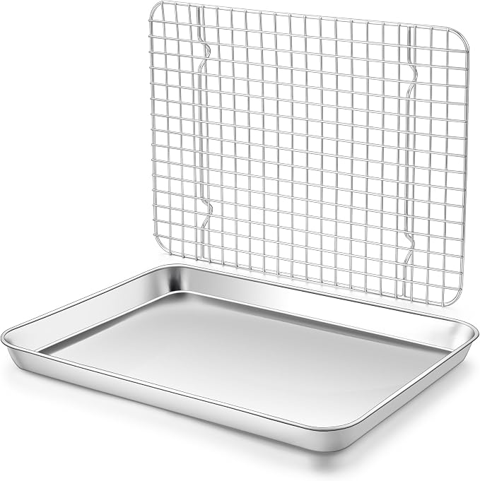 Homikit Baking Sheet with Wire Rack Set (1 Pan+1 Cooling Rack), 12" x 10" | Stainless Steel Quarter Sheet Pan with Grid Cooling Rack for Toaster Oven Roasting, Metal Bacon Cookie Trays with Baking Rack