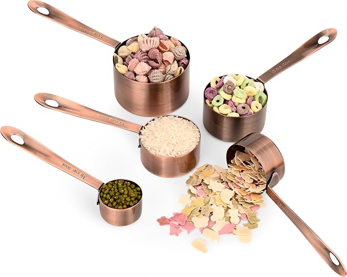 Copper Measuring Cups Set, Stainless Steel Measuring Cups Set 5, Metal Measuring Cups for Baking, Both Imperial & Metric Measuring Cups for Liquid and Dry, Nesting Kitchen Measuring Tools