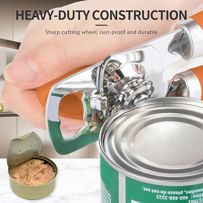 Safring Can Opener Manual, Heavy Duty Stainless Steel Smooth Edge Can Opener With Soft Touch Handle, Oversized Handheld Easy Turn Knob, Multi-Function Bottle Opener, Orange