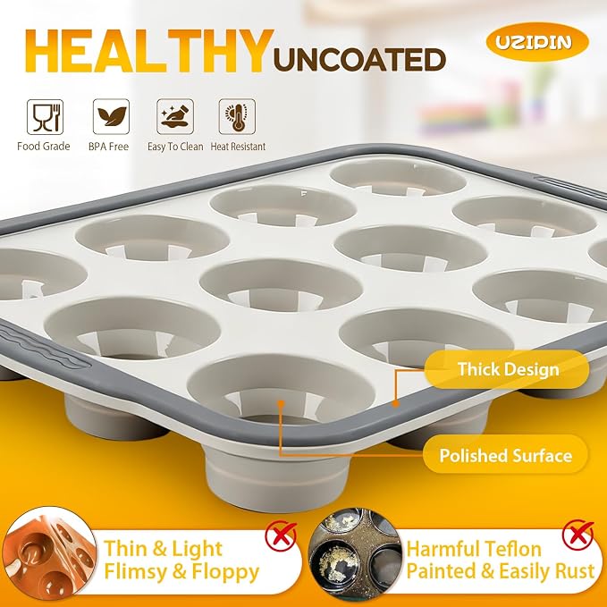 Silicone Muffin Pan, 12 Cups Non-Stick Cupcake Pan, Food-Grade BPA-Free Muffin Tin, Oven-Safe 450 °F, Reinforced Steel Frame, Easy-Grab Handles, Quick-Release 2.3" Baking Molds for Mini Treats