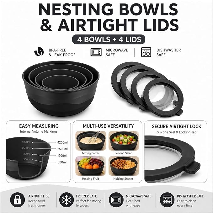 Pera Mixing Bowls with Lids Set, 8 Piece (4 Bowls + 4 Airtight Lids), BPA Free Nesting Kitchen Bowl Set for Mixing & Food Storage, Microwave & Dishwasher Safe(Pure Black) (Pure Black)