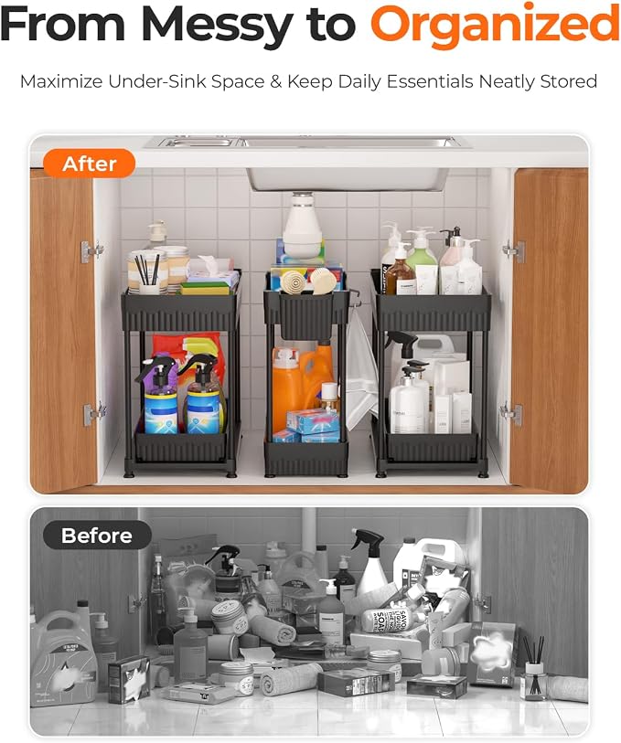 3-Pack 2-Tier Under Sink Organizers with Sliding Drawers | Multi-use kitchen & bathroom storage, 12.8 inch black cabinet organizer, space-saving sliding drawer design.