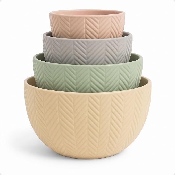 Ceramic Mixing Bowls Set of 4 pcs, Colorful Nesting Bowls 5, 3, 1, 0.5 Qt | Thick, Durable, Scratch Resistant Ceramic, Nesting Set of 4, Dishwasher, Freezer, Microwave, and Oven Safe, Wide Stable Base