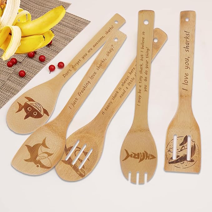 5PCS Shark Wooden Cooking Spoons Set Bamboo Cooking Spoons | Shark Kitchen Decor Housewarming Wedding Anniversary Thanksgiving Christmas for Mom Women Ocean Lovers