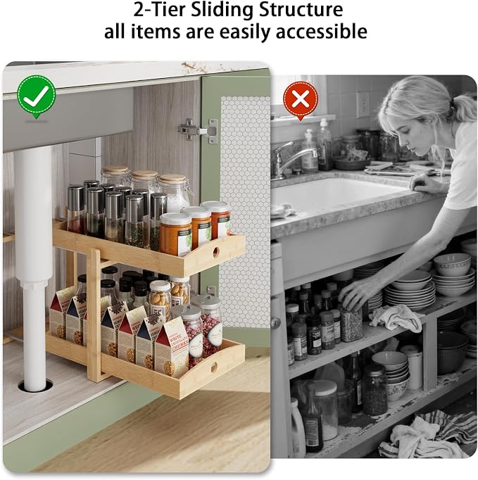 2 Pack Bamboo Under Sink Organizer, 2-Tier Pull-Out Drawers, Kitchen & Bath | Pull-out drawers keep cleaners and tall bottles visible, organized and easy to reach in kitchen or bathroom cabinets