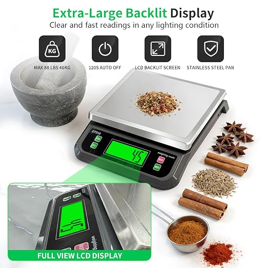 Large Digital Kitchen Scale40kg Stainless Stee with 6 Unit Tare PCS Funtion | Food Scales 88lbs with LCD Display for Baking, Bread, Cooking, Meat, Vegetables, Farm with Adapter Grey