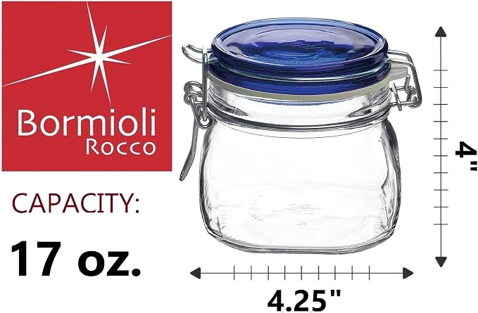 Bormioli Rocco Fido Glass Jar, Blue Lid - Food Storage Container with Airtight Seal - 17.5 oz Clamp Lock Canister for Dry Foods, Appetizers & Desserts - Italian Glass, Dishwasher Safe