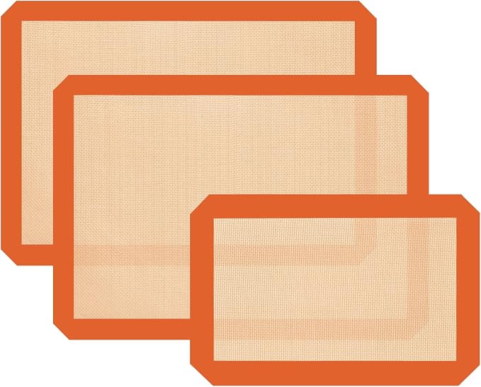 Silicone Baking Mat Set of 3, Non-Stick 2 Half & 1 Quarter Sheets | Dishwasher Safe, Reusable Baking Supplies for Cookies, Bread, Pastries & Dough, Orange