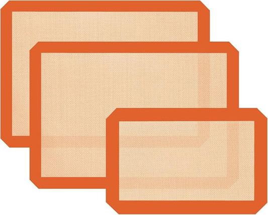 Silicone Baking Mat Set of 3, Non-Stick 2 Half & 1 Quarter Sheets | Dishwasher Safe, Reusable Baking Supplies for Cookies, Bread, Pastries & Dough, Orange