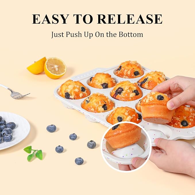 Vinino 12 Cup and 24 Cup Silicone Muffin Pans with Reinforced Frame, Cream | Silicone Muffin Pans Set for Baking with Non-Slip Handle, Nonstick Muffin Tray for Oven, BPA Free, Dishwasher Safe-Cream