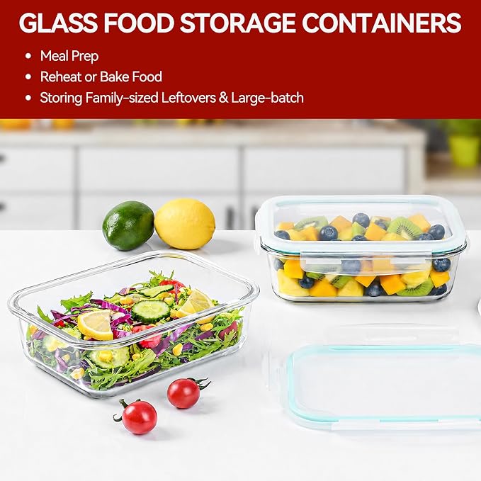 GEHE 2 Pack 52oz Large Glass Food Storage Containers with Lids, Glass Meal Prep Containers with Airtight Lids for Baking, Storing, Lunch Container, Microwave/Freezer/Dishwasher Safe, BPA Free