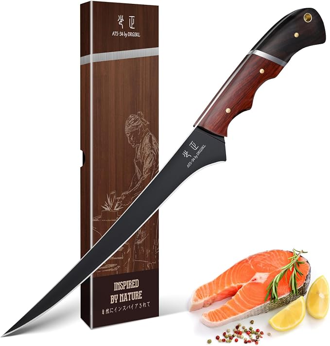 DRGSKL Fish Fillet Knife 7inch - Black Meat Slicing Knife in High Carbon Steel, Boning Knives for Meat Poultry Chicken Trimming, Fish Knives with Wooden Handle, Gift for Men