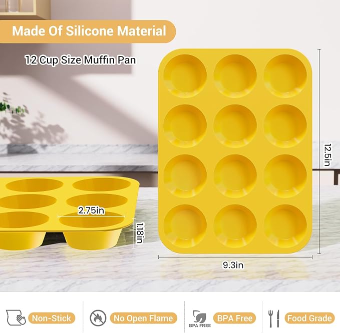 Redfly 2 Pack Silicone Muffin Pans for Baking & Cupcake Pan - 12 Cup Regular Size Silicone Molds, BPA Free Egg Bites Mold,Yellow