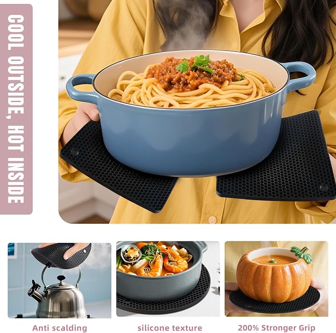 4 Pack Silicone Hot Pads & Pot Holders - Heat Resistant Non-Slip Mats for Kitchen Countertops, Trivets for Hot Pots, Dishwasher Safe & BPA-Free (Black)