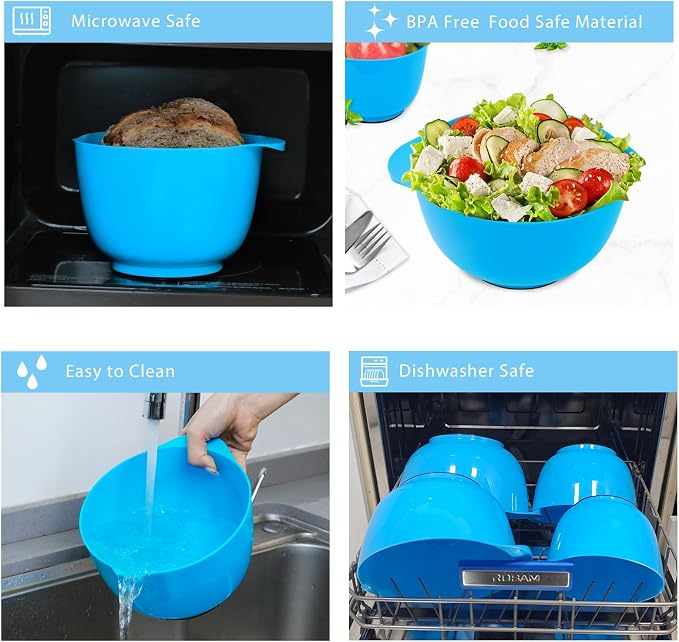 BoxedHome Plastic Mixing Bowls with Pour Spout, Microwave Safe, 4.5 Quart | BPA Free, Non-slip Base Set for 4, 4.5,3.5,2.5 and 1.7QT, Dishwasher Safe Nesting Bowl for Prep, Cooking, Baking (Teal)