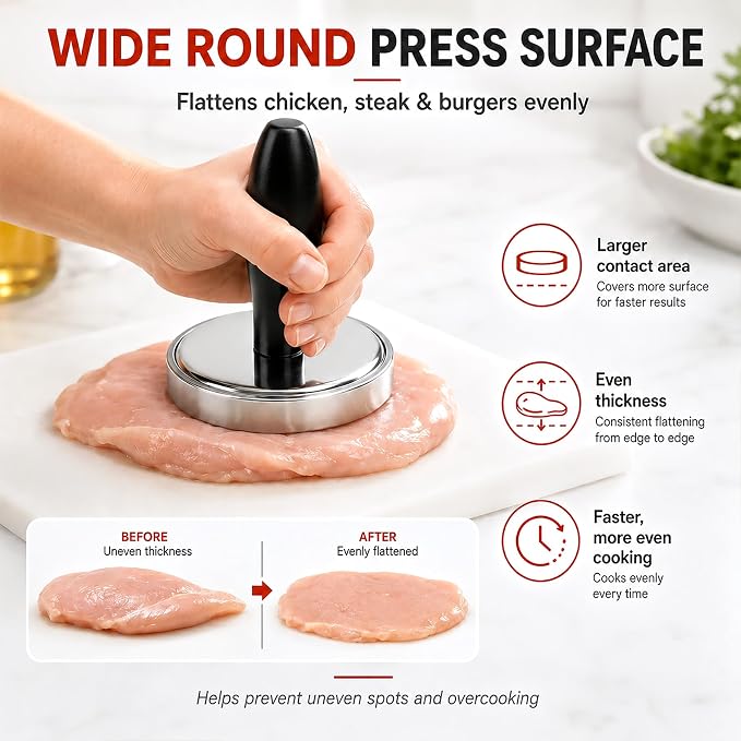 Meat Pounder Tenderizer, Solid Stainless Steel Meat Flattener & Smash Burger Press, Heavy-Duty Round Base Flattens Chicken, Steak, Pork Chops, and Smash Burgers with Less Effort