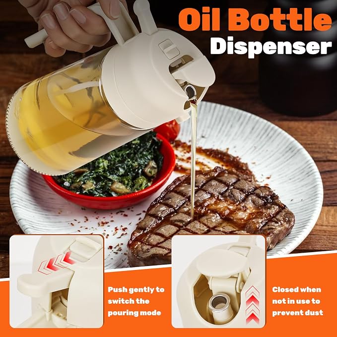 CJT 2Pcs Olive Oil Dispenser,2 in 1 Oil Sprayer for Cooking 16oz/470ml Glass Oil Bottle for Cooking, Frying, Salad, and BBQ (Black & White)