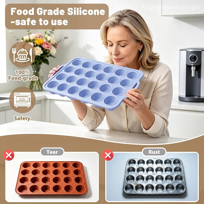 Blue Mini Silicone Cupcake Pan: 2 Pack 24 Small Cupcake Tin for Baking | Silicone Mini Cupcake Mold for Various Recipes - Trays with Metal Frame for Oven - for Home Bakers Vnray