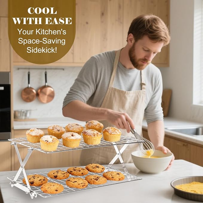 BEWOS 2-Tier Collapsible Cooling Rack, Adjustable Stainless Steel Cooling Rack with X-Shaped Structure, Fine Mesh Baking Rack for Cookies, Baking, Grilling, Dishwasher Safe
