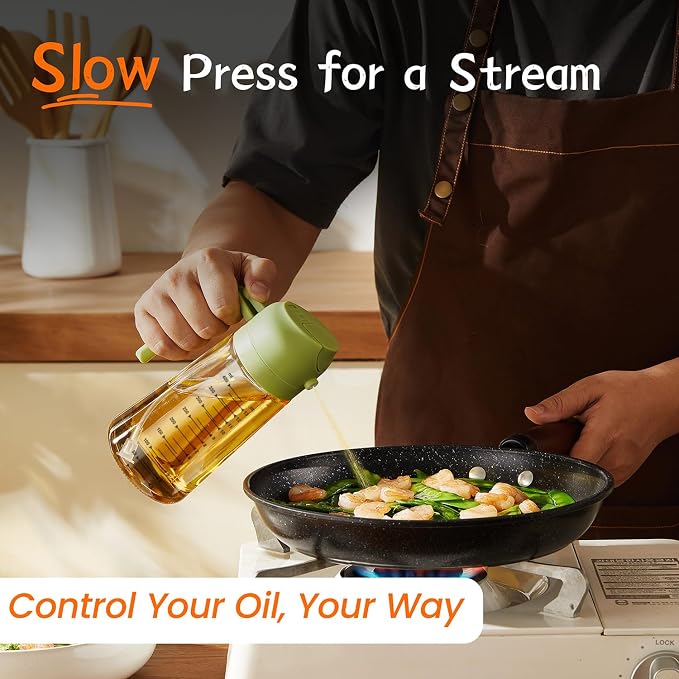 TrendPlain 16oz/470ml Glass Olive Oil Sprayer for Cooking – 2 in 1 Olive Oil Dispenser Bottle for Kitchen Gadgets and Air Fryer Accessories, Salad, BBQ - White & Green