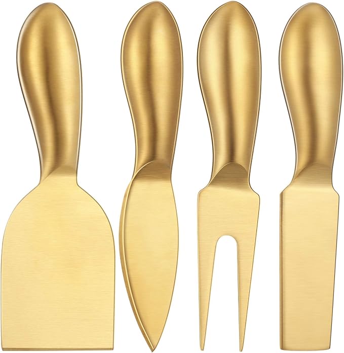 Patelai 4 Pcs Gold Cheese Knives Set Gold Knife Fork Slicer Butter Knife Spreader Stainless Steel Charcuterie Accessories for Kitchen Cooking Gift Gathering Wedding Birthday Party