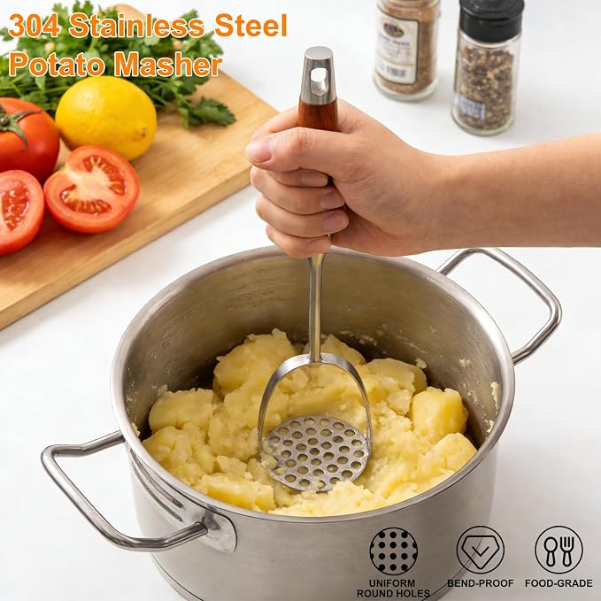 304 Stainless Steel Potato Masher, Heavy Duty Mashed Potato Masher, Professional Integrated Honeycomb, Effortless Mashing Tool for Potatoes, Avocados, Vegetables, Fruit, Meat, Dishwasher