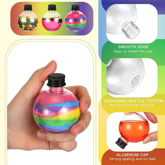 Layhit 24 Pcs Spherical Plastic Potion Bottles Ball Shape Round Bottles 3.4 oz Sand Art Jar with 5 Funnels Decorative ‌container Candy Jar for Valentines Birthday DIY Crafts (Black,Aluminum Lid)