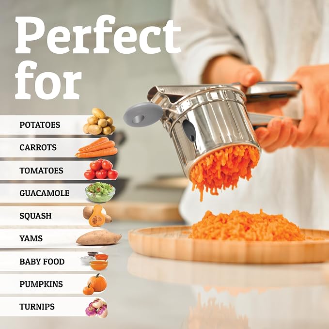 PriorityChef Large 15oz Potato Ricer, Heavy Duty Stainless Steel Potato Masher and Ricer Kitchen Tool, Press and Mash Kitchen Gadget For Perfect Mashed Potatoes - Everytime, Grey