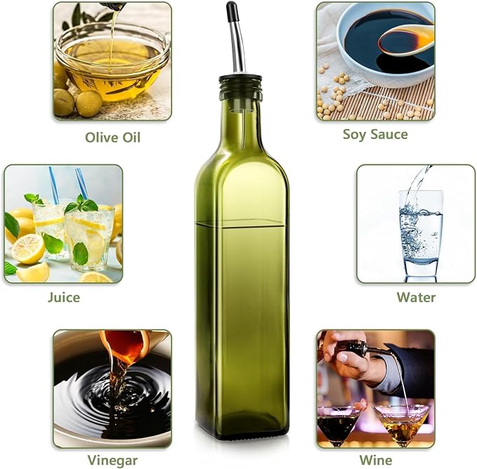 Leaflai 2 Pcs Green Glass Olive Oil Dispenser and Vinegar Dispenser Set with 2 Stainless Steel Pourers, 4 Labels, 1 Brush, 1 Funnel (500ml) for Kitchen, Cooking, Salad Dressing, Barbecue, Mixing