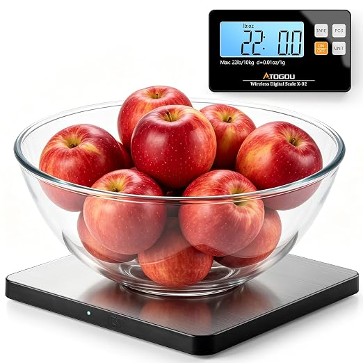 Atogou Wireless Kitchen Scale, 22lb/10kg Food Scale with Detachable Display | 0.01oz/1g Precision, Larger Platform, 9 Units, Counting Function, Stainless Steel, for Cooking, Baking, Shipping, Silver