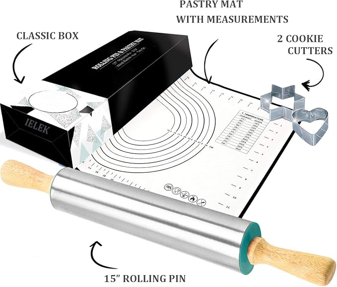 Rolling Pin Nonstick and Silicone Baking Pastry Mat Combo Kit Dough Rollers for Baking Pasta,Cookie Dough,Pastry,Bakery,Pizza