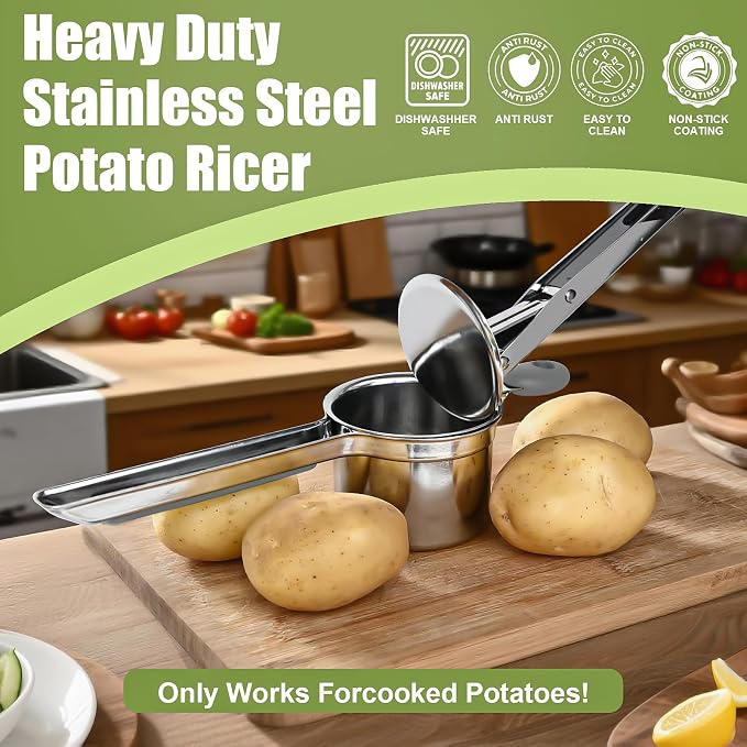 Large 15 oz Ricer for Mashed Potatoes, Stainless Steel Fixed Disc Potato Ricer for Mashed Potatoes, Easy to Clean and Dishwasher Safe