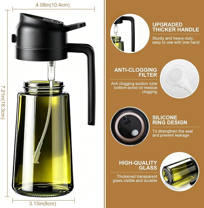 Poshetion 2 in 1 Olive Oil Sprayer for Cooking, 16oz Light-Proof Oil Dispenser for Kitchen, Leak-Proof Oil Spray Bottle for Air Fryer, Salad, BBQ, Baking, Grilling - Black