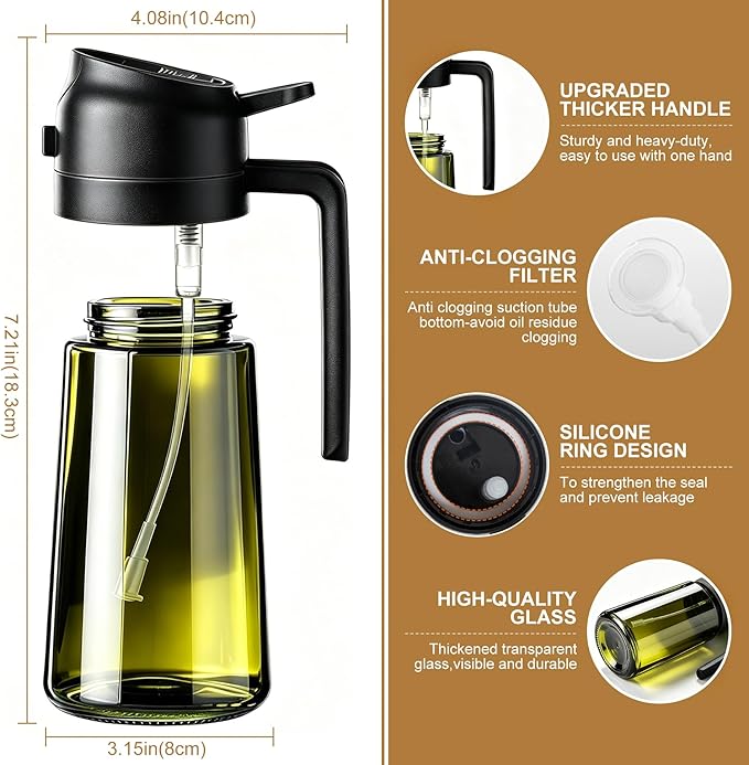 Poshetion 2 in 1 Olive Oil Sprayer for Cooking, 16oz Light-Proof Oil Dispenser for Kitchen, Leak-Proof Oil Spray Bottle for Air Fryer, Salad, BBQ, Baking, Grilling - Black & Black