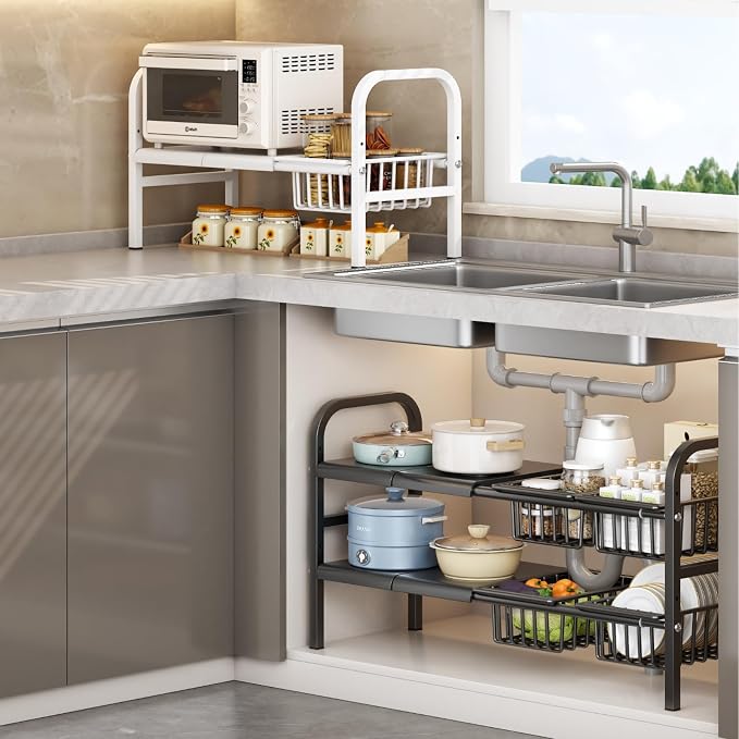 Under Sink Organizer，2 Tier Expandable Heavy Duty Metal Shelf，with 5 Removable Panels and 5 Storage Basket for Under Kitchen Bathroom Sink Organizers and Storage(X-Large,Black)