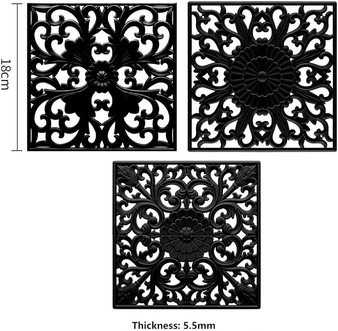 Silicone Trivets for Hot Dishes-Pots&Pans, Multi-Use Carved Trivet Mat, Insulated Silicone Mats, Flexible Square Trivet for Countertop&Tabletop, Silicon Pot Holders Hot Pads Set 3 Black