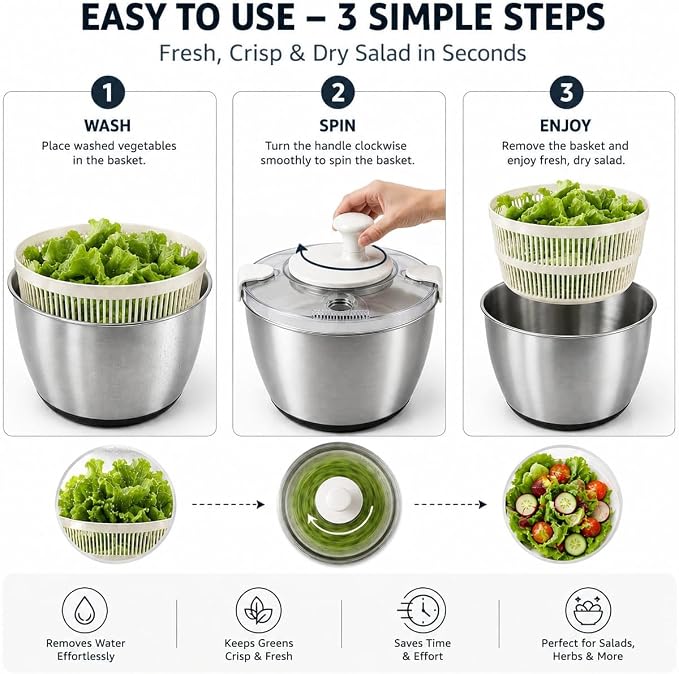 Stainless Steel Salad Spinner Large Capacity 5Qt – Hand Crank Vegetable Washer & Dryer with One-Touch Stop, Drainage Spout, Non-Slip Base – Dishwasher Safe Kitchen Tool for Lettuce & Fruit