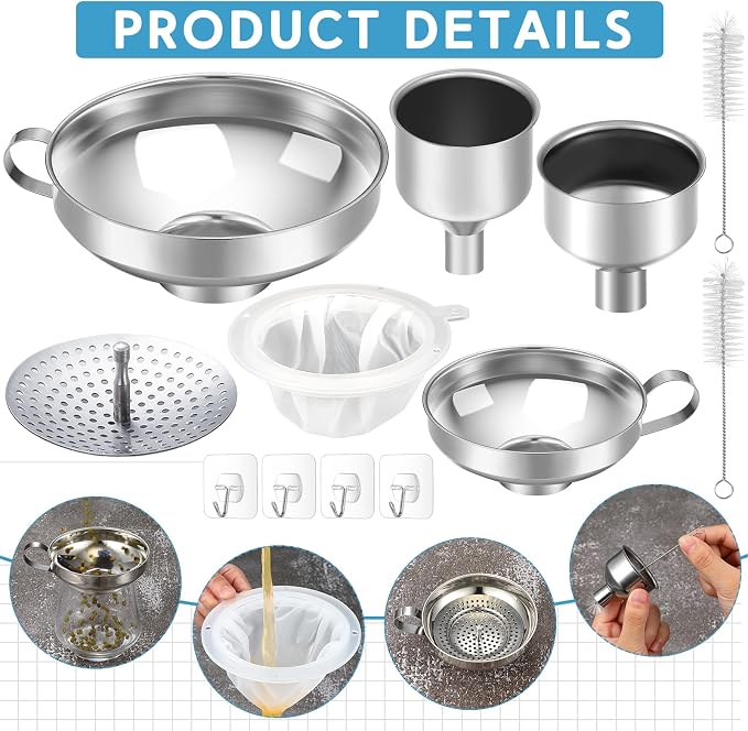Gejoy 12 Pcs Metal Canning Funnels Set Wide Mouth Mason Jar Funnels for Filling Stainless Steel Kitchen Filter with Strainer Mesh Filter Brushes and Adhesive Hooks, Silver