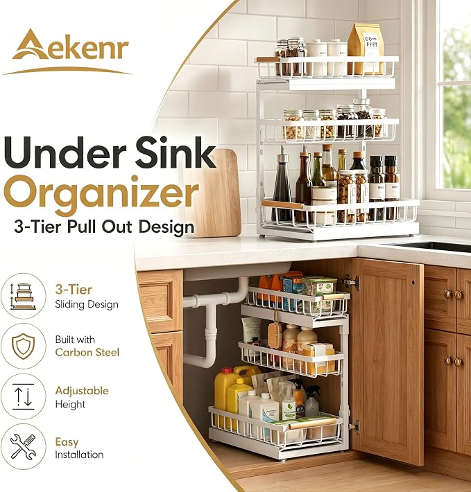 Under Sink Organizer and Storage for Bathroom and Kitchen - 1 Pack 3 Tier | Cabinet Pull Out Shelf Organizers - Slide Out Drawer Organization for Home Cabinets Shelves and Drawers