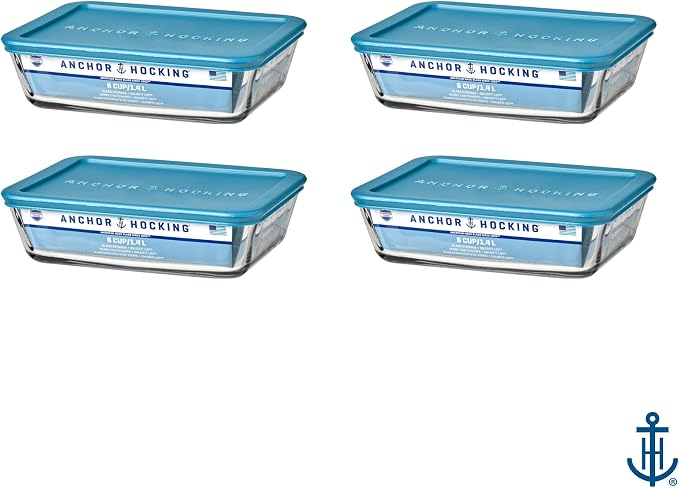 Anchor Hocking SnugFitTM Rectangular Food Storage Containers with Lids (4-Piece, 6-cup, Teal, oven-safe)
