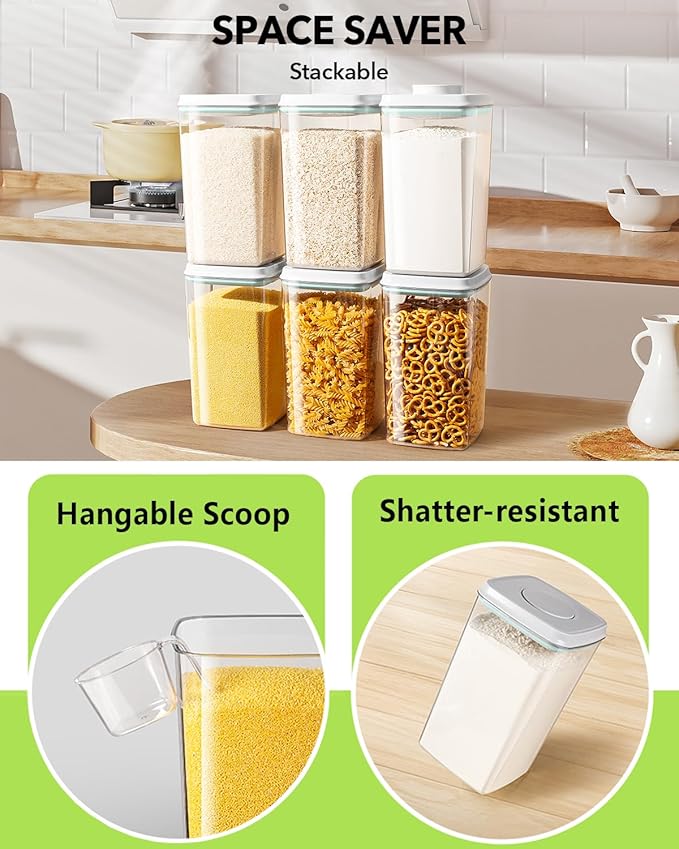 Airtight Food Storage Container with Pop Lid & 130ml Scoop, 4L/4.2qt *4 BPA-Free Cereal, Rice, Flour, Pasta & Snack Container, Stackable & Durable,Kitchen Pantry Organizer