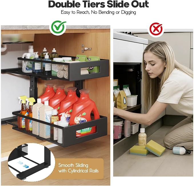 Under Sink Organizer, 2-Tier Dual Pull Out Cabinet Organizer Drawers With Smooth Circular Rail, Large Capacity Metal Mesh Sliding Shelves For Bathroom& Kitchen Storage,Height Adjustable–Black,2 Packs
