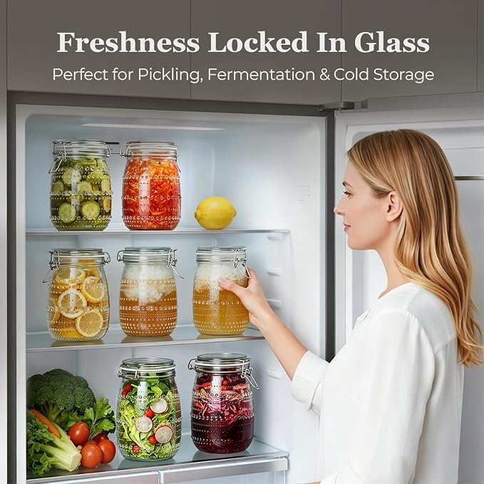 ComSaf Glass Pantry Jars with Airtight Lids 34 oz 6 Pack Wide Mouth Hobnail | Coffee beans sugar, Snacks pasta, Pickling fermenting, Pantry organization, Clear body, Countertop storage, Dry goods
