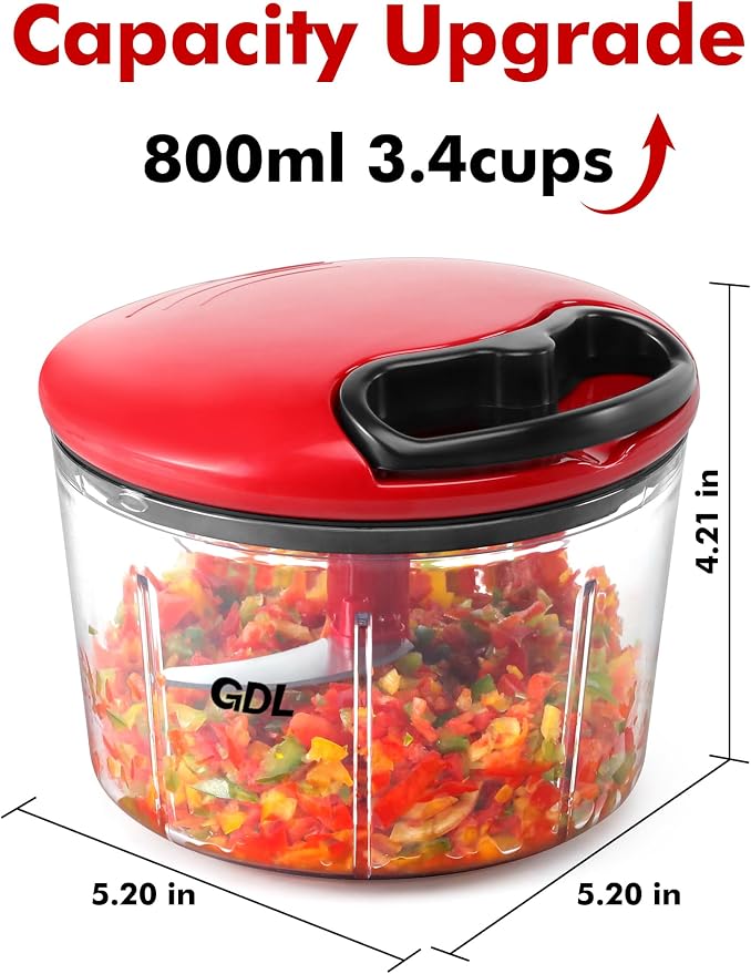 GDL Food Chopper, Pull Onion Chopper Dicer, Hand Powered Food Mincer, Fast Cutting Hand Chopper for Oinon, Garlic, Nut, 3.4 Cups 0.8L, Red