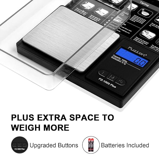 Fuzion Digital Pocket Gram Scale 0.1g/1000g - Small Food Scale with Tray | Weighs Small Food, Spice, Herb, Coin - Easy of Use, LCD Display, Tare Function, 6 Modes Ounces Grains, Batteries Included