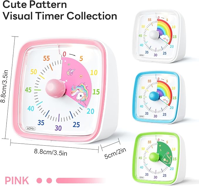 Yunbaoit Visual Timer with Night Light, 60-Minute Unicorn Countdown Timer for Kids and Adults, Time Management Tool for Home, School, Kitchen, or Office (Pink)