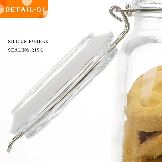 50oz Square Glass Food Storage Jars with Airtight Clamp Lids 3 Pack | Glass Storage Containers for Flour, Sugar, Rice, Coffee, Cereal, Sourdough Pickling and Canning, Mason Jar，Kitchen Canisters
