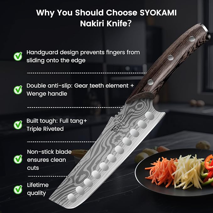SYOKAMI Nakiri Knife, 7.2 Inch Japanese Inspired Vegetable Chef Knife with Straight Edge, Sharpened Rounded Tip, Lightweight Full Tang Kitchen Knife with Ergonomic Wood Handle, Gift for Home Cooks