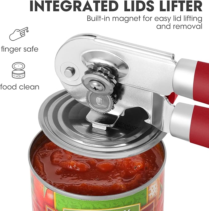 UHIYEE Classic Manual Can Opener for Home Kitchen, Durable 420J2 Stainless Steel Handheld Opener with Magnetic Lid Lifter & Easy-Turn Oversized Knob for Arthritis, Red