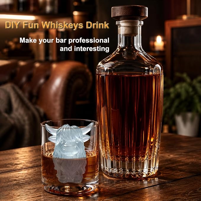 3D Highland Cow Ice Cube Silicone Molds Tray for Whiskey, Cocktail, Drink, Bar; Rich Details. Fun Animal Mold for DIY Taba Squishy Chocolate Soap Candle Resin Gift for Women Girls Boys; 2 Pack